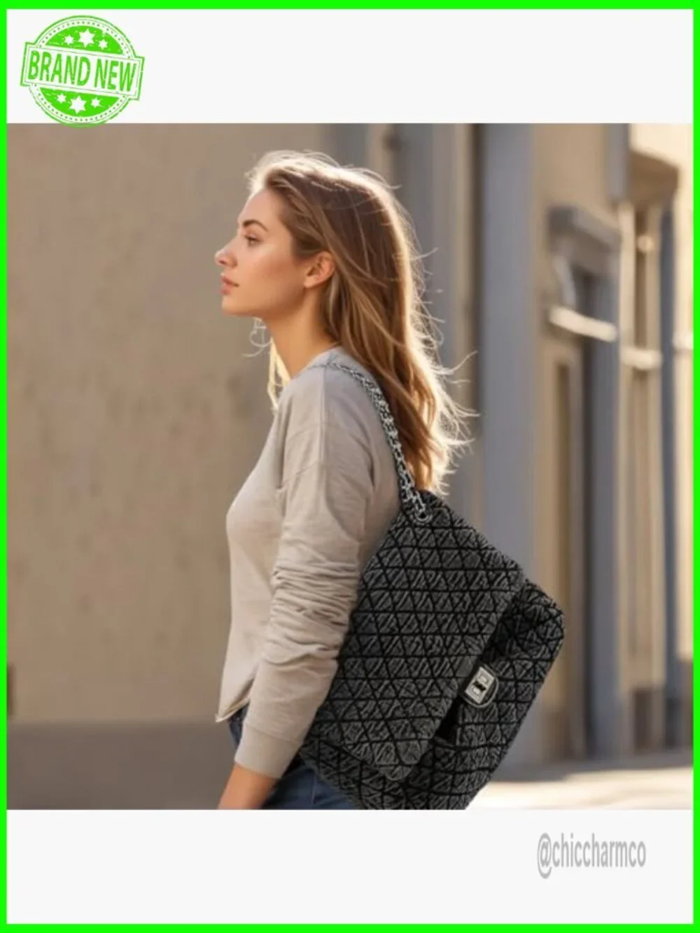 Large Quilted Denim Hobo Bag with Chain Straps, Crossbody Tote